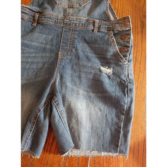 Jr Junior Size 11 True Craft Denim Overall Shorts Romper Blue Jean Distressed - Picture 2 of 5